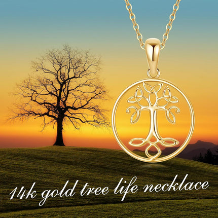 14K Gold Star Shaped Tree of Life Pendant Necklace for Women - Fine