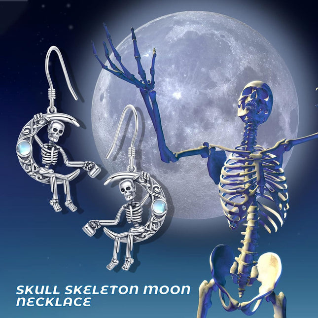 925 Sterling Silver Gothic Skeleton Moon Crescent Dangle Earrings for Women