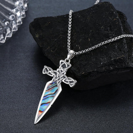 925 Sterling Silver Celtic Cross Abalone Shell Dagger Pendant Necklace for Men Women Vintage Gothic s 48cm Chain Length