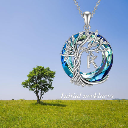 925 Sterling Silver Blue Crystal Tree of Life Initial Necklace Family Letter Pendant Birthday Mother s Day Gifts for Her