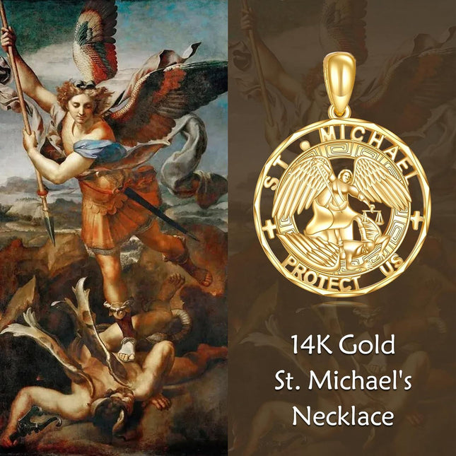 14K Gold St Michael Angel Protect Us Religious Pendant Necklace for Men & Women