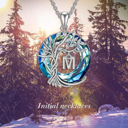 925 Sterling Silver Blue Crystal Tree of Life Initial Necklace Family Letter Pendant Birthday Mother s Day Gifts for Her