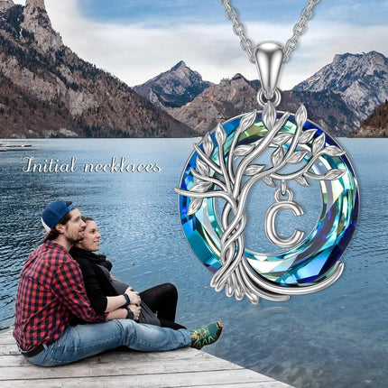 925 Sterling Silver Blue Crystal Tree of Life Initial Necklace Family Letter Pendant Birthday Mother s Day Gifts for Her