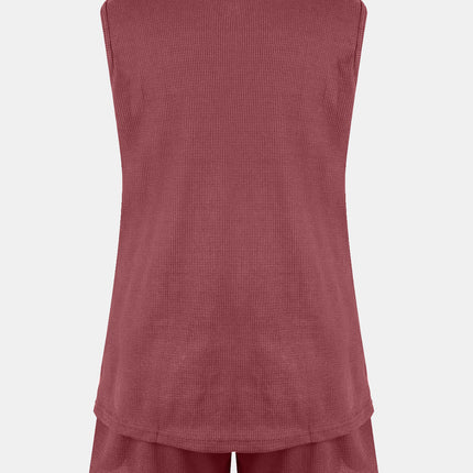 Full Size Waffle-Knit Notched Top and Shorts Set
