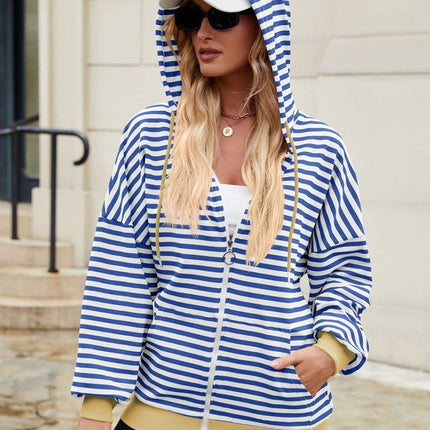 Drawstring Striped Zip Up Long Sleeve Hoodie