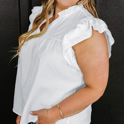 Plus Size Ruffled Notched Cap Sleeve Blouse