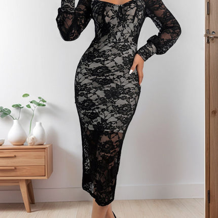 Perfee Lace Sweetheart Neck Long Sleeve Midi Dress