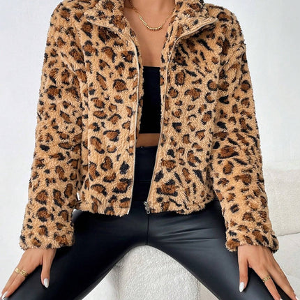 Fuzzy Turtleneck Leopard Zip Up Jacket