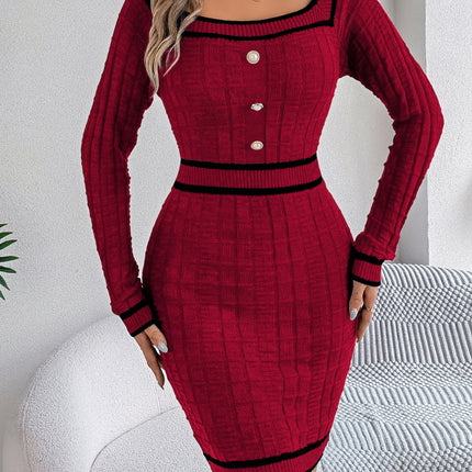 Contrast Trim Long Sleeve Sweater Dress