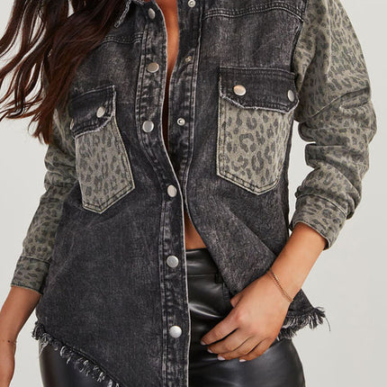 Raw Hem Leopard Snap Down Denim Jacket