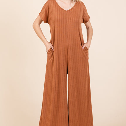 BOMBOM Ribbed Short Sleeve Wide Leg Jumpsuit