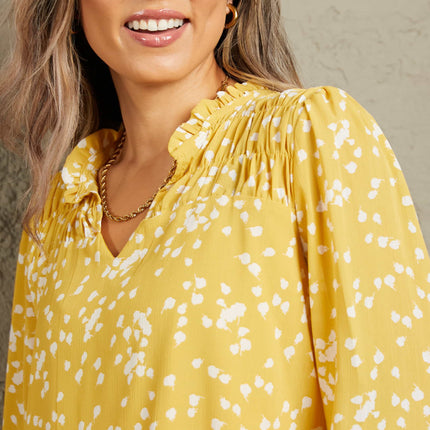 Double Take Printed Notched Neck Smocked Blouse