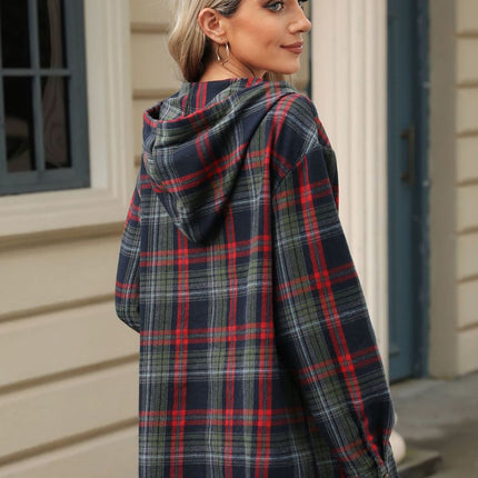 Drawstring Plaid Hooded Long Sleeve Top