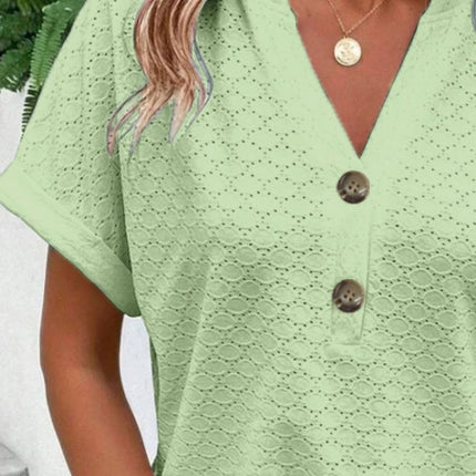 Eyelet Notched Short Sleeve Blouse