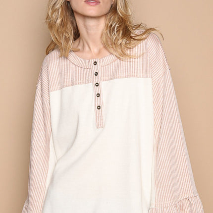 POL Striped Flounce Sleeve Exposed Seam Top