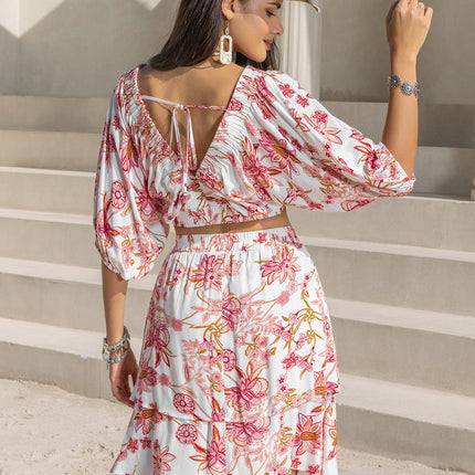 Printed Half Sleeve Top and Layered Skirt Set