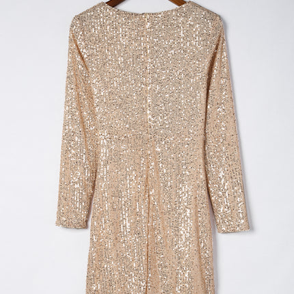 Sequin Knot Round Neck Long Sleeve Mini Dress