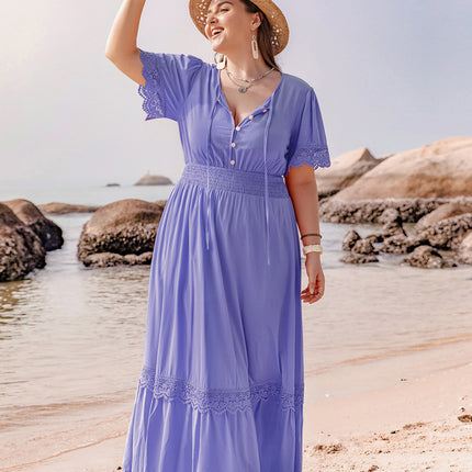 Plus Size Lace Detail Tie Neck Short Sleeve Maxi Dress