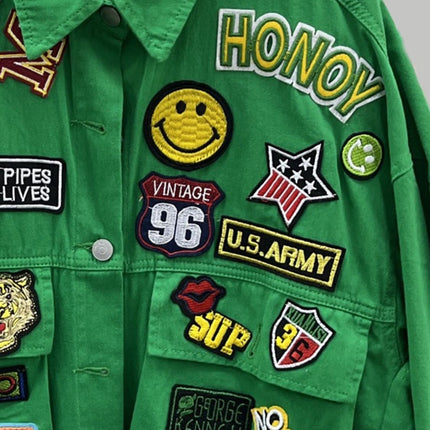 Embroidered Patch Button Up Long Sleeve Denim Jacket