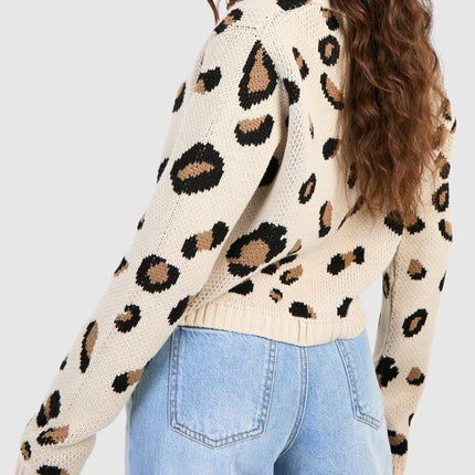 Tied Leopard Round Neck Cardigan