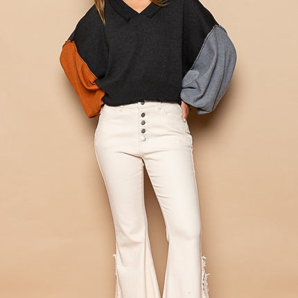 POL Exposed Seam Roll Edge Color Block V Neck Sweater