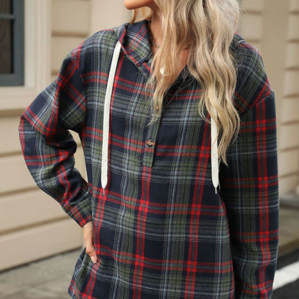 Drawstring Plaid Hooded Long Sleeve Top