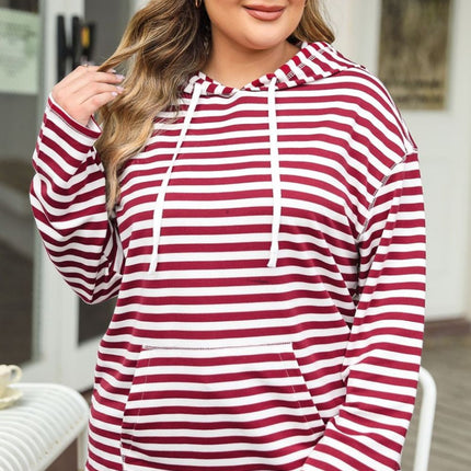 Plus Size Drawstring Striped Dropped Shoulder Hoodie