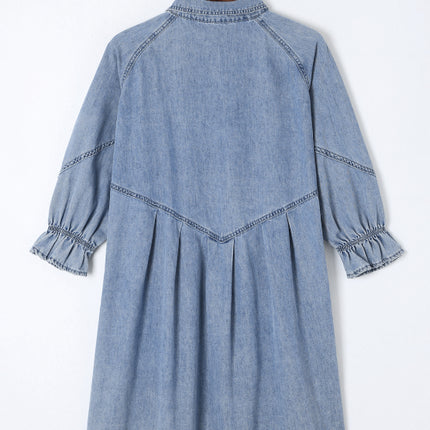 Distressed Collared Neck Flounce Sleeve Denim Dress