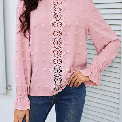 Swiss Dot Mock Neck Flounce Sleeve Blouse