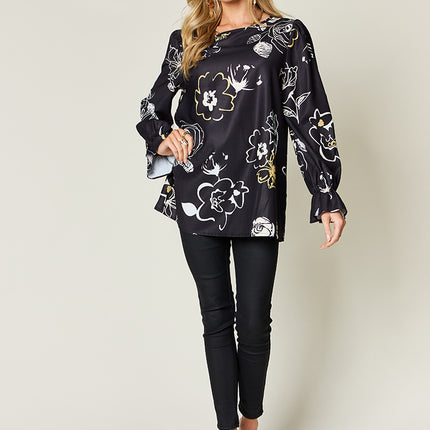 Double Take Full Size Printed Flounce Sleeve Blouse