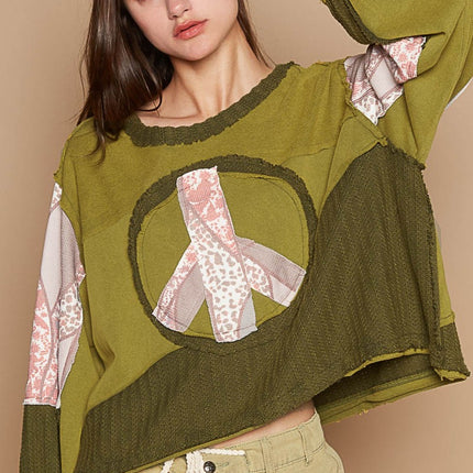 POL Long Sleeve Cut Sew Peace Emblem Top