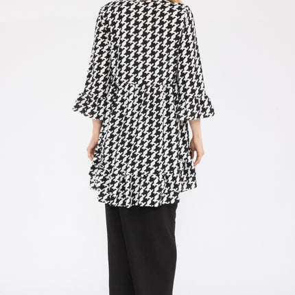 Celeste Full Size Houndstooth Flounce Sleeve High-Low Top