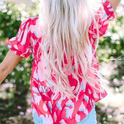 Peplum Printed Notched Short Sleeve Blouse