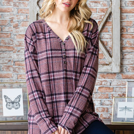 Heimish Full Size Plaid V-Neck Long Sleeve Top