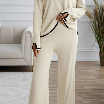 Contrast Trim Round Neck Top and Pants Sweater Set