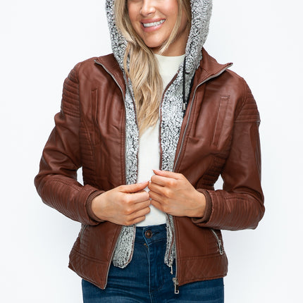 YMI Faux Layered Double-Zipper Jacket with Fuzzy Hood