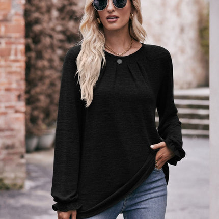 Double Take Long Flounce Sleeve Round Neck Blouse