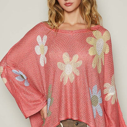 POL Flower Dropped Shoulder Long Sleeve Knit Top