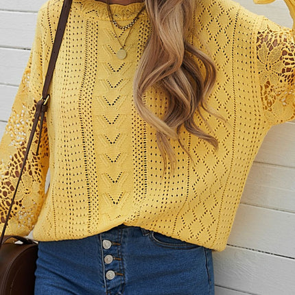 Openwork Round Neck Long Sleeve Sweater