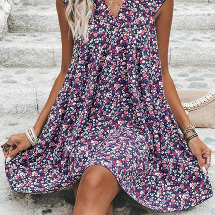 Printed V-Neck Cap Sleeve Mini Dress