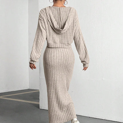 Ribbed Cropped Hooded Top and V-Neck Tank Dress Set