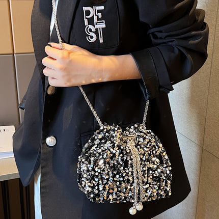 Sequin Chain Drawstring Bucket Bag