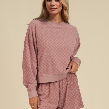 OH Checkered Round Neck Long Sleeve Top and Shorts Set