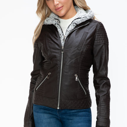 YMI Faux Layered Double-Zipper Jacket with Fuzzy Hood