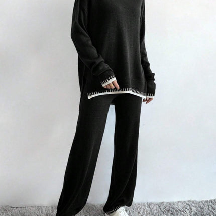 Side Slit Contrast Trim Round Neck Top and Pants Sweater Set