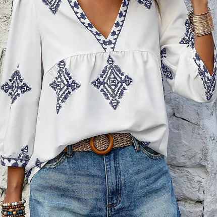 Printed V-Neck Three-Quarter Sleeve Blouse