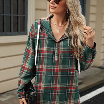 Drawstring Plaid Hooded Long Sleeve Top