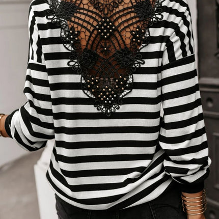 Striped Lace Detail V Neck Top