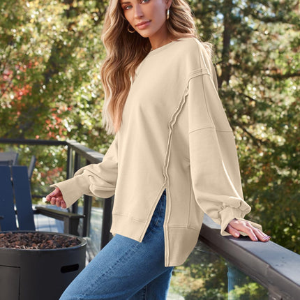 Slit Round Neck Long Sleeve Sweatshirt - Vickie Lynn's