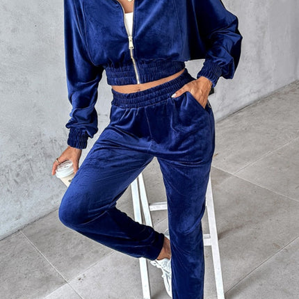 Zip Up Long Sleeve Cropped Top and Joggers Set